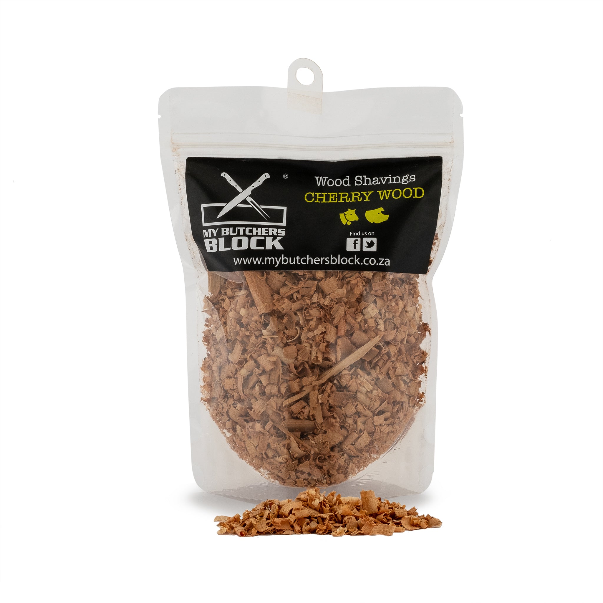 Premium cherry wood shavings in a clear pouch, perfect for enhancing smoky flavors in your cooking.