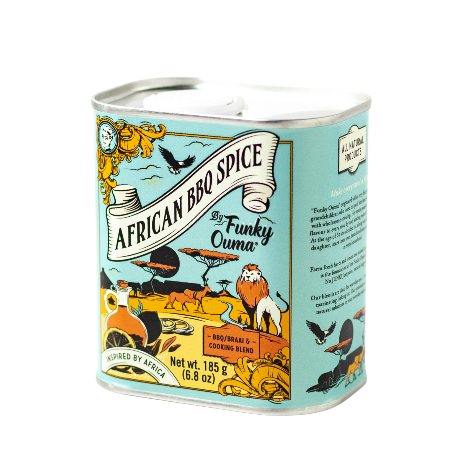 Funky Ouma African BBQ Spice can, 185g, vibrant design, perfect for grilling and cooking, inspired by Africa.