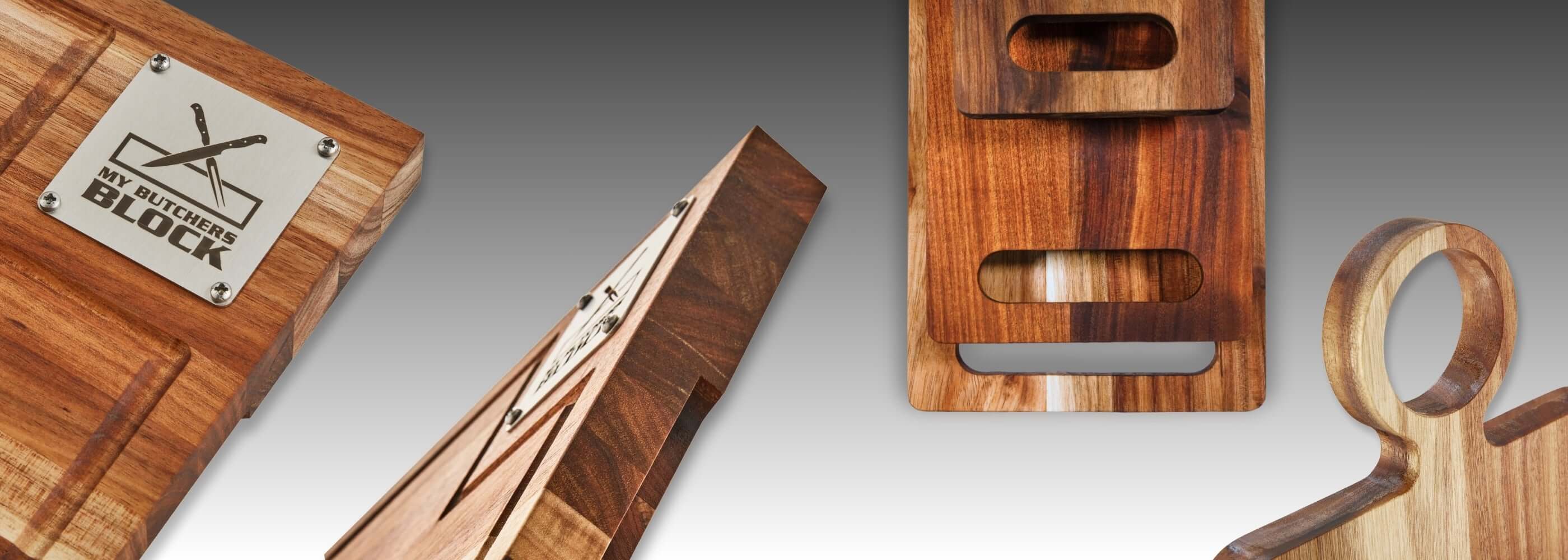 Wooden cutting board set featuring intricate designs and a polished finish, ideal for kitchen use and food preparation.