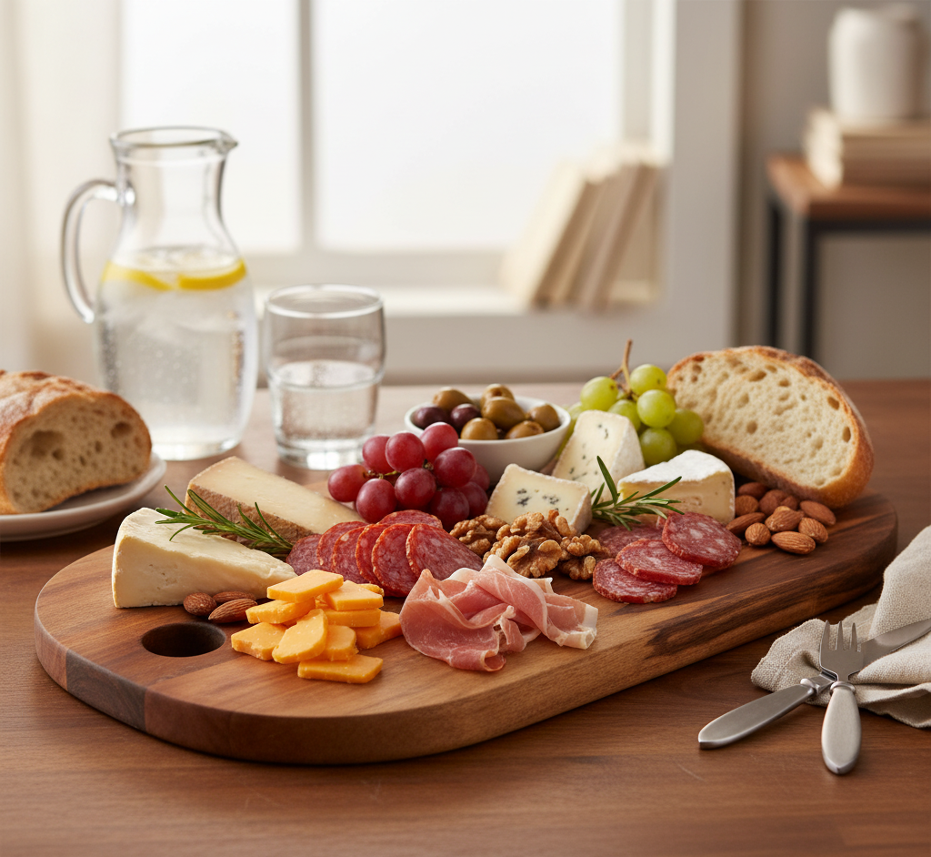 Wooden charcuterie board with meats, cheeses, fruits, and bread on a wooden table.