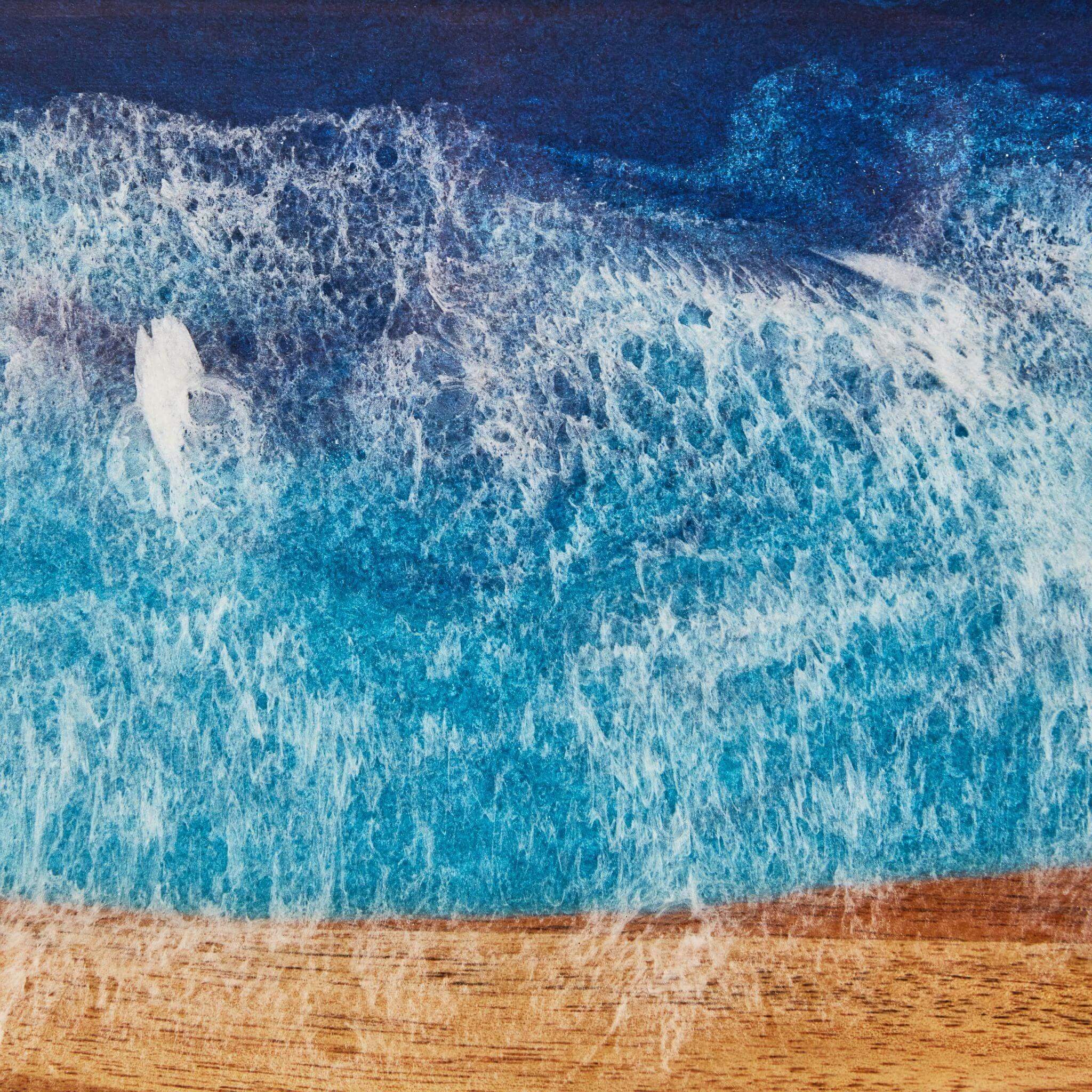 Artistic Blue Resin Detail on Small Wooden Serving Tray