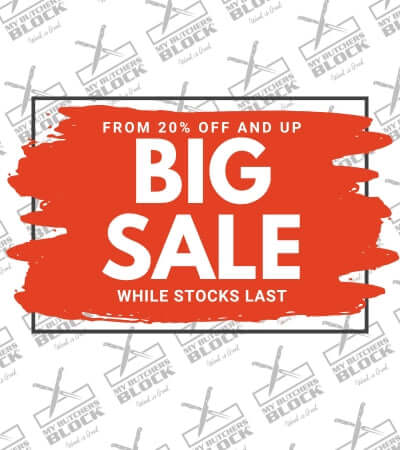 Promotional banner for a big sale with discounts from 20% off at My Butcher's Block, while stocks last.