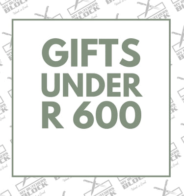 Bold graphic highlighting "Gifts Under R 600" on a patterned background related to butchers.