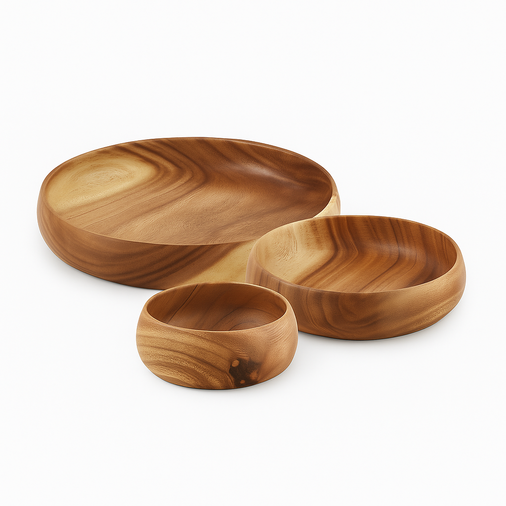 Round Wooden Bowl – Small, Medium & Large Sizes showcasing beautiful wood grain for stylish serving and storage.
