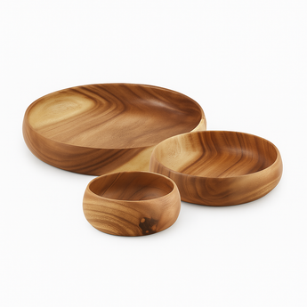 Handcrafted round wooden bowls in small, medium, and large sizes, featuring unique natural grain for stylish serving.