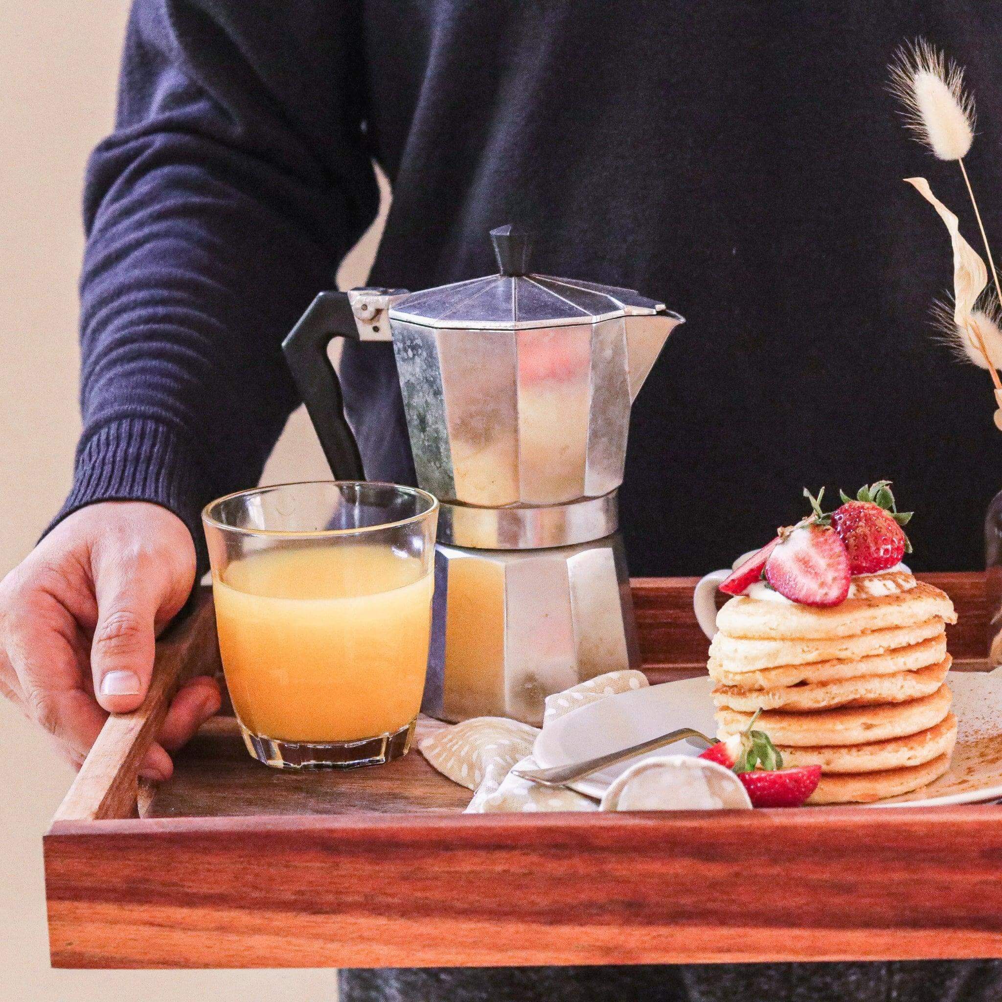 Breakfast served on Large Wooden Tray