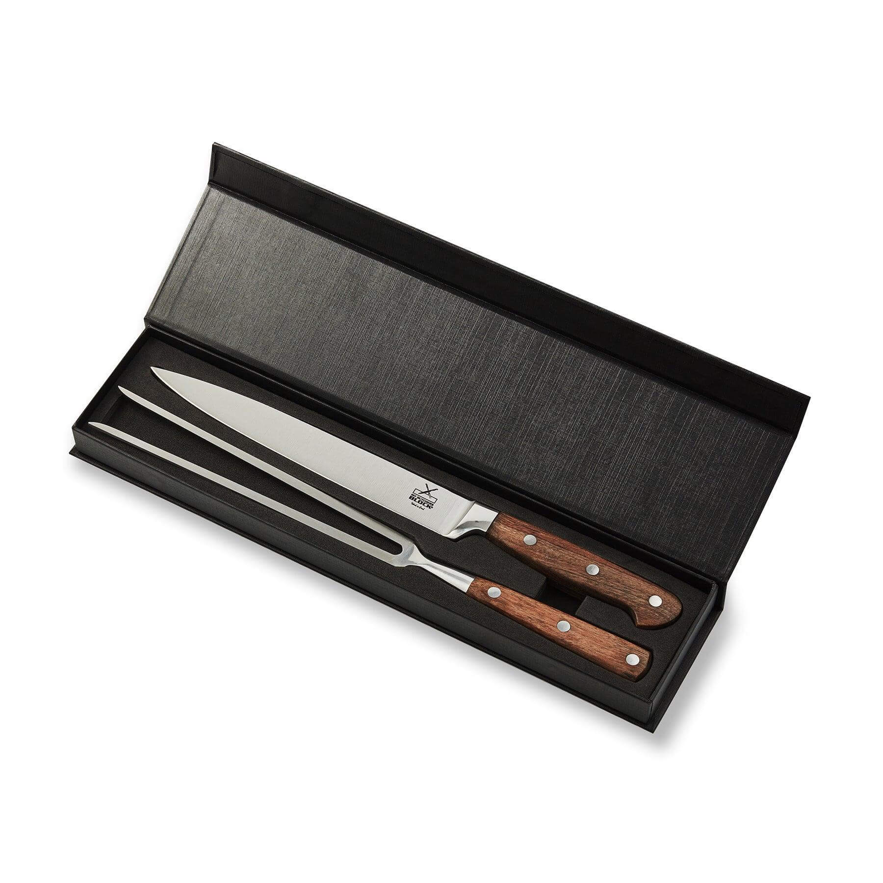 Premium carving knife set in elegant black box, featuring stainless steel knife and sturdy fork with wooden handles.