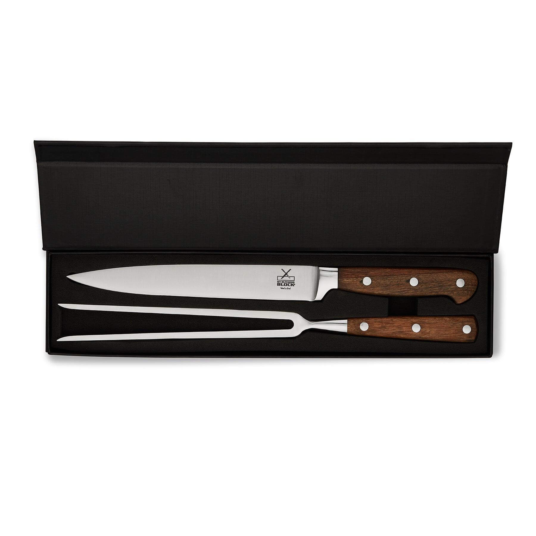 Premium Carving Knife Set with stainless steel knife and fork in elegant black packaging.