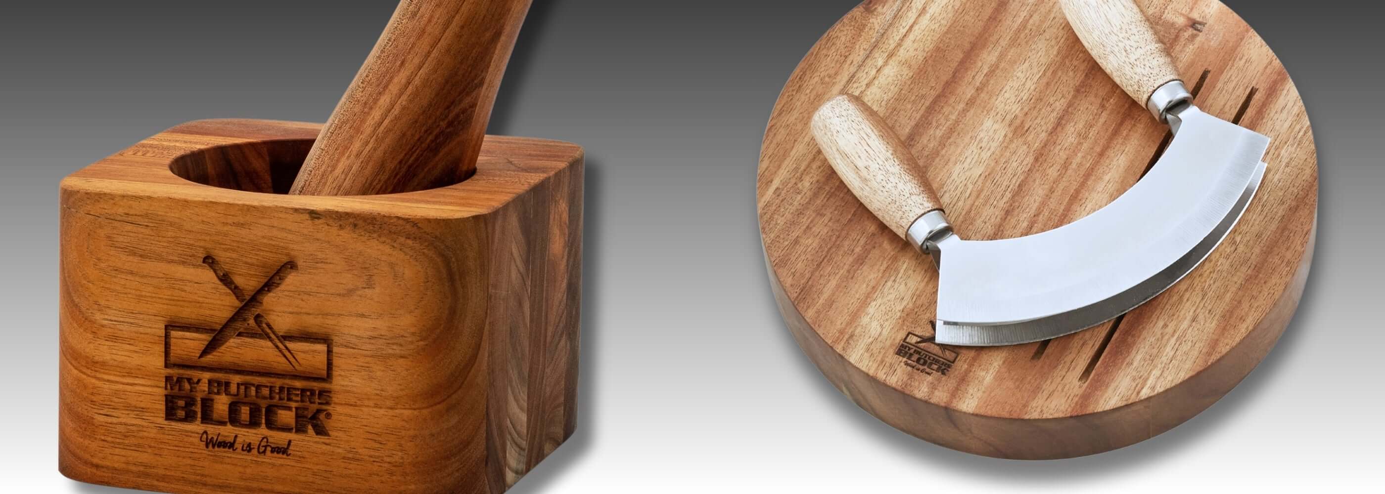 Wooden mortar and pestle set with a curved herb knife, showcasing craftsmanship and kitchen style.