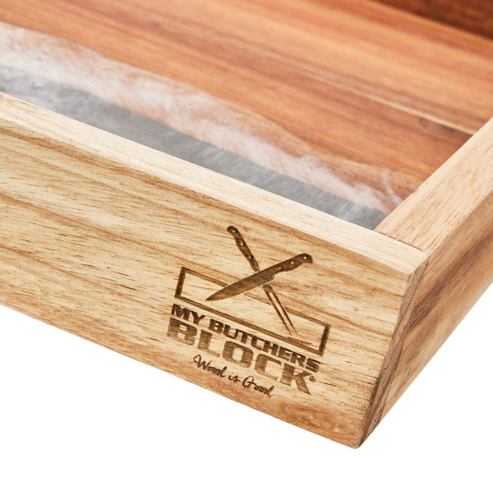 Close-up of My Butchers Block logo on Small Wooden Serving Tray with black resin