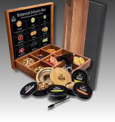 Collection of wooden serving boards and a spice set displayed on a gradient background.