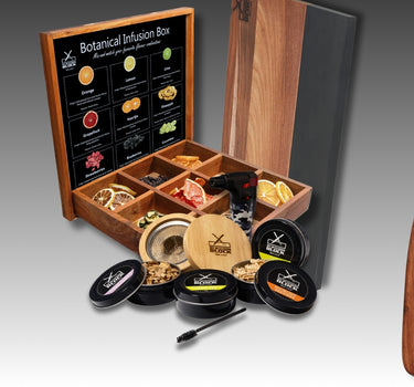 Various wooden kitchen accessories including cutting boards, serving trays, and a spice box with containers.