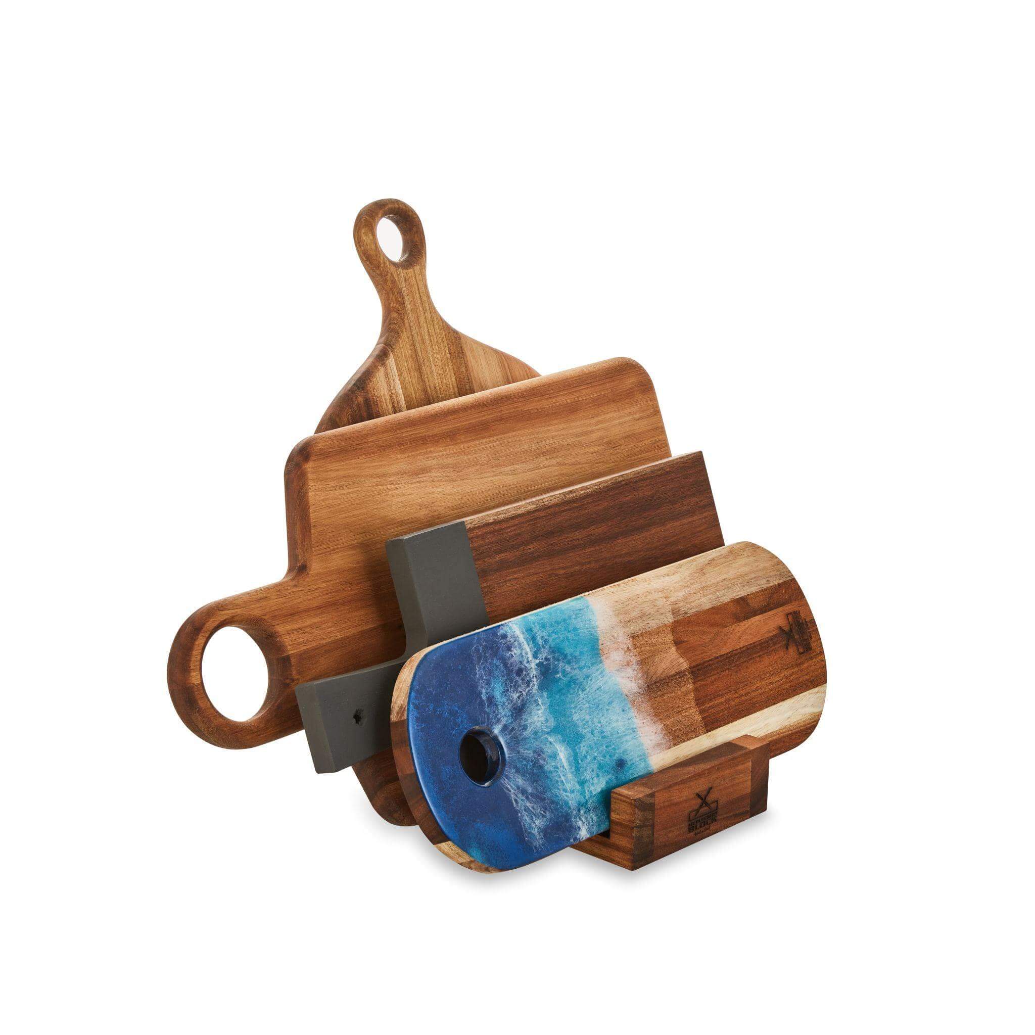 Wooden display stand showcasing multiple chopping and serving boards with a stylish design for countertop storage.