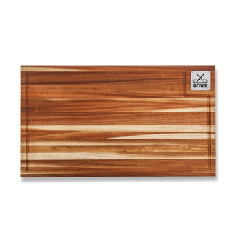 Grand Daddy Chopping Block with juice groove, solid acacia wood, perfect for slicing and serving.
