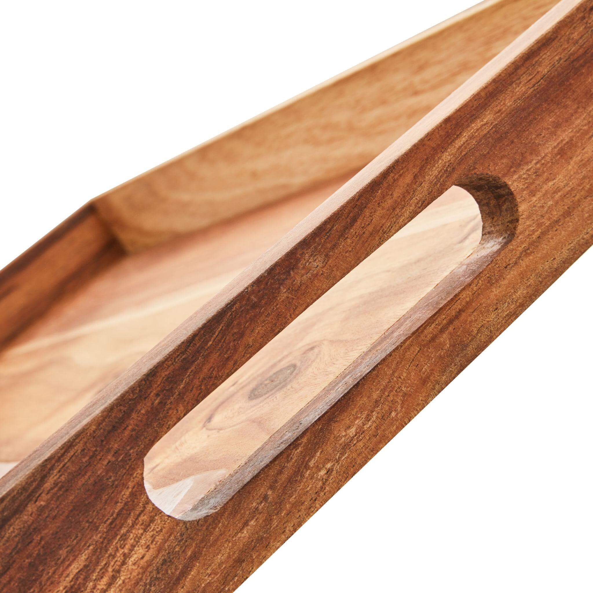 Handle detail on Small Wooden Serving Tray with blue resin