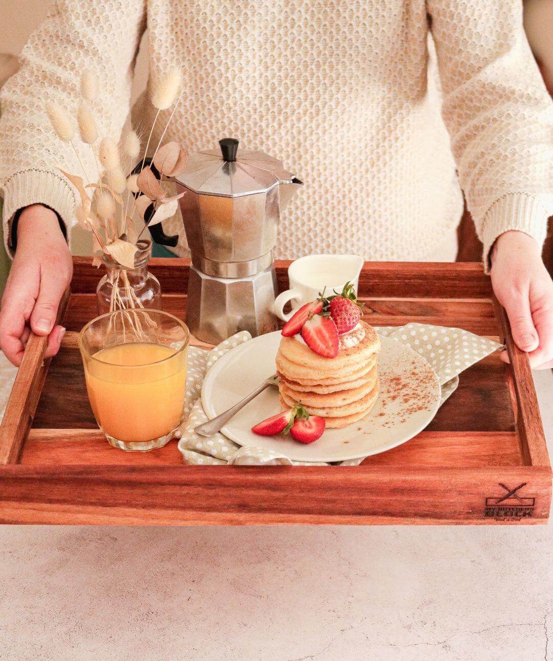 Serving Tray Small with pancakes, orange juice, and decorative flowers for stylish meal presentation.