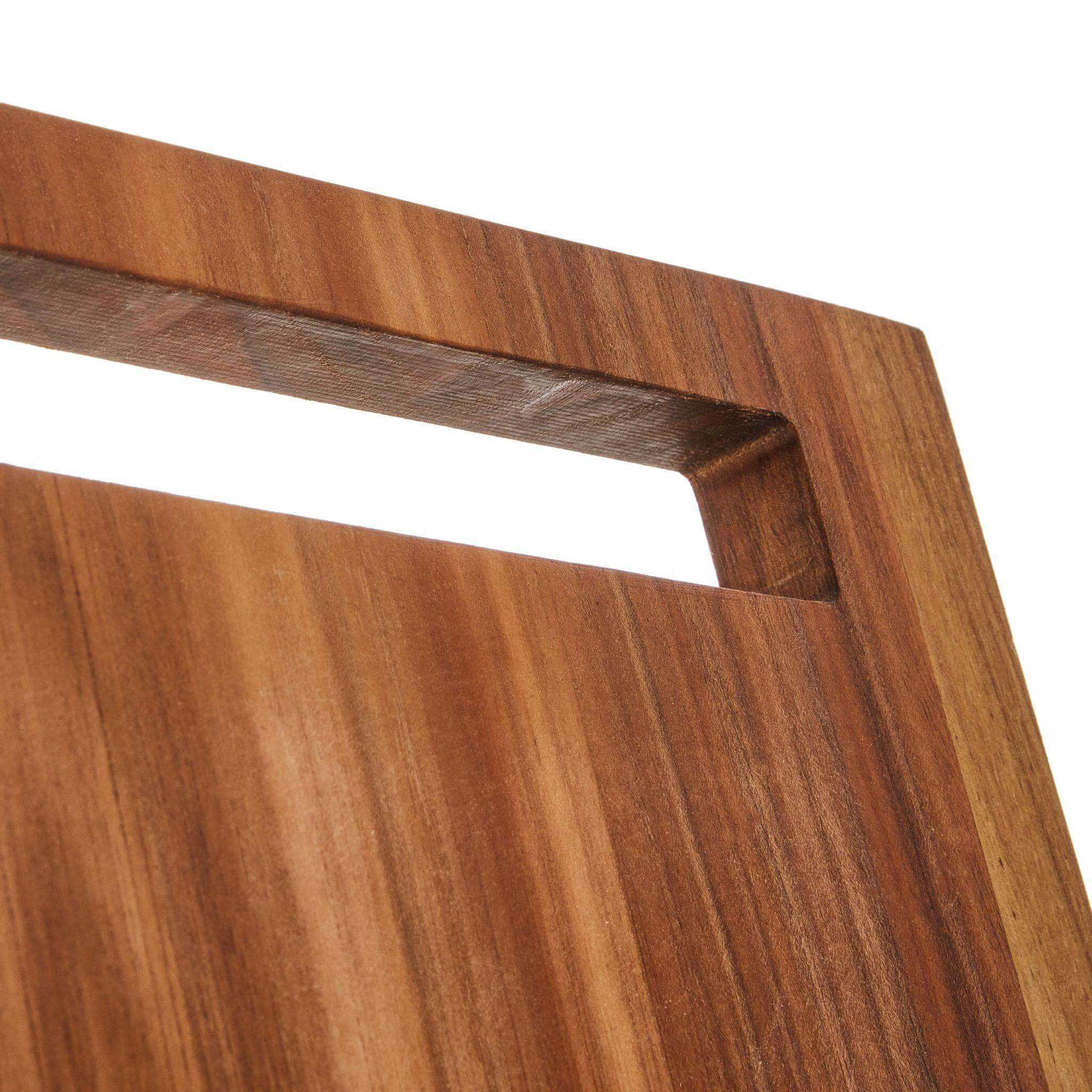 Close-up of the Handy Andy Board showcasing its acacia wood surface and sleek handle design.