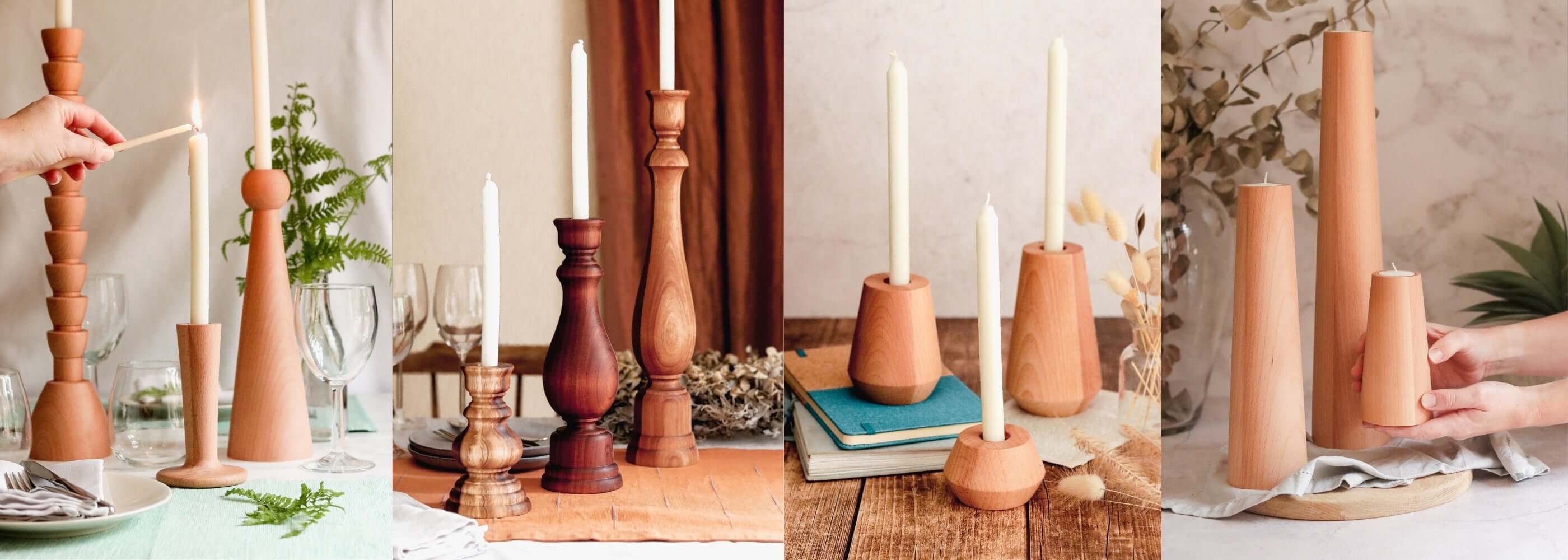 Elegant candlestick holders in various designs with candles, showcasing modern home decor and stylish table settings.