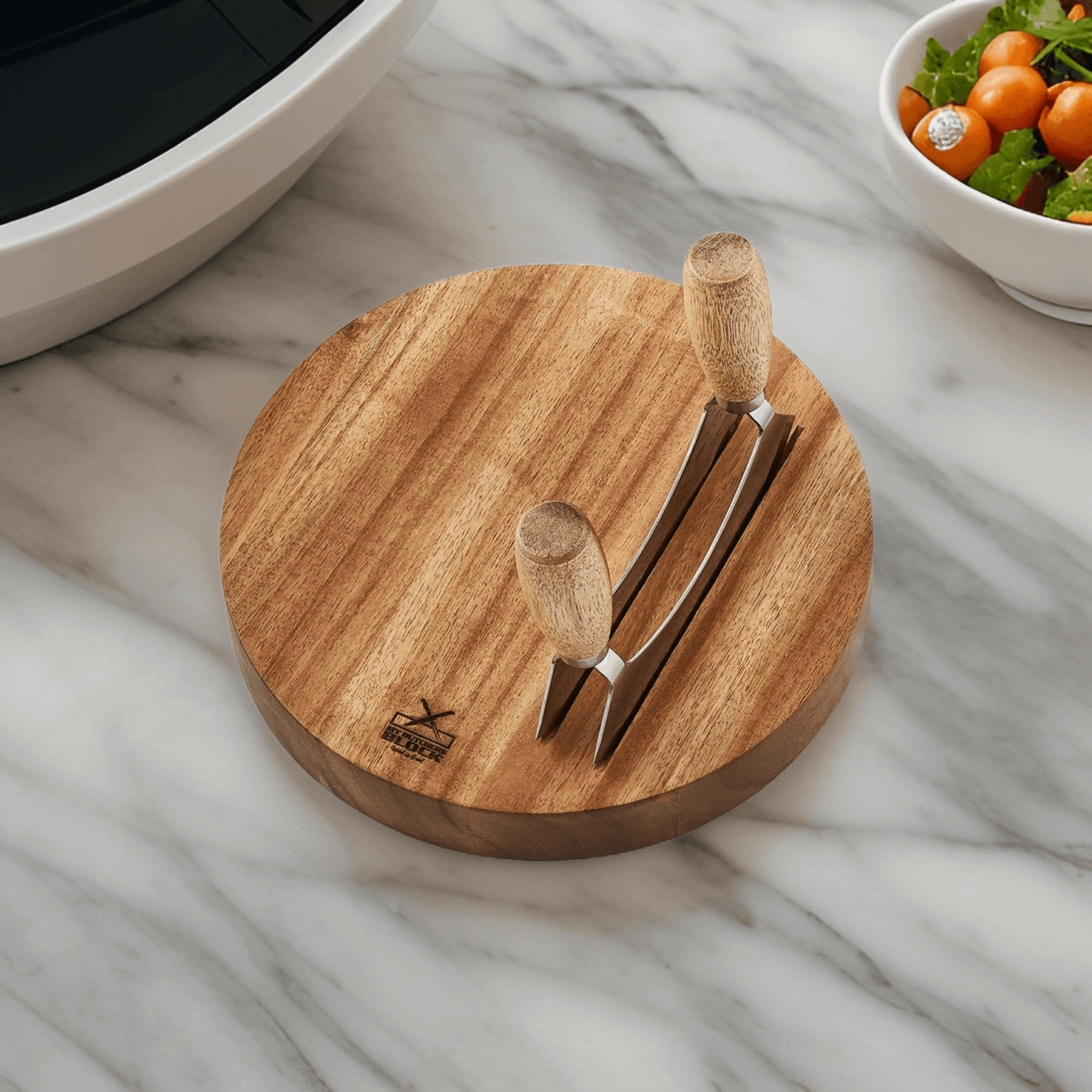 Mezzaluna kitchen tool on a wooden cutting board, ideal for efficient herb chopping and stylish cooking.