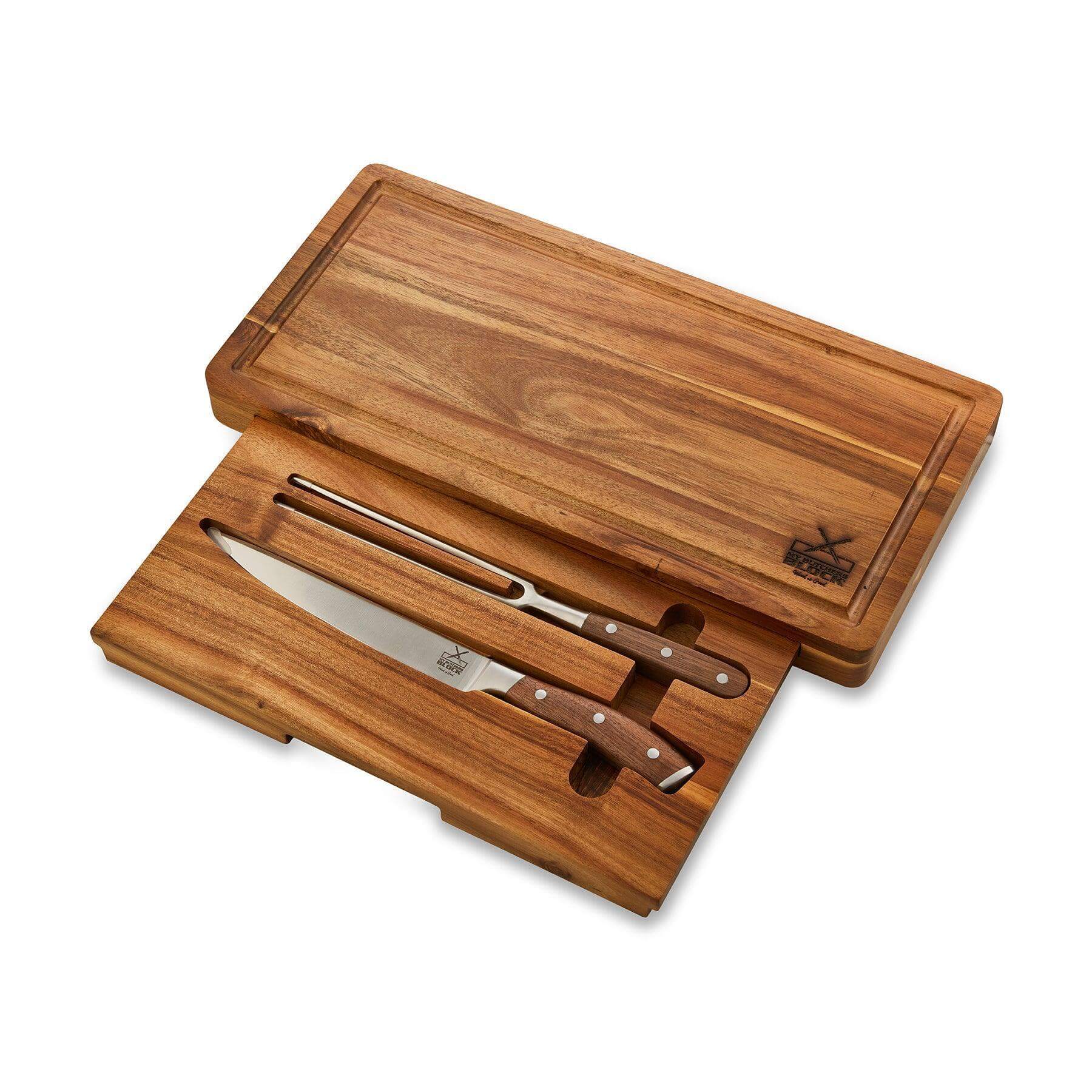 Chopping board and carving knife set with concealed knife and fork for seamless kitchen prep.