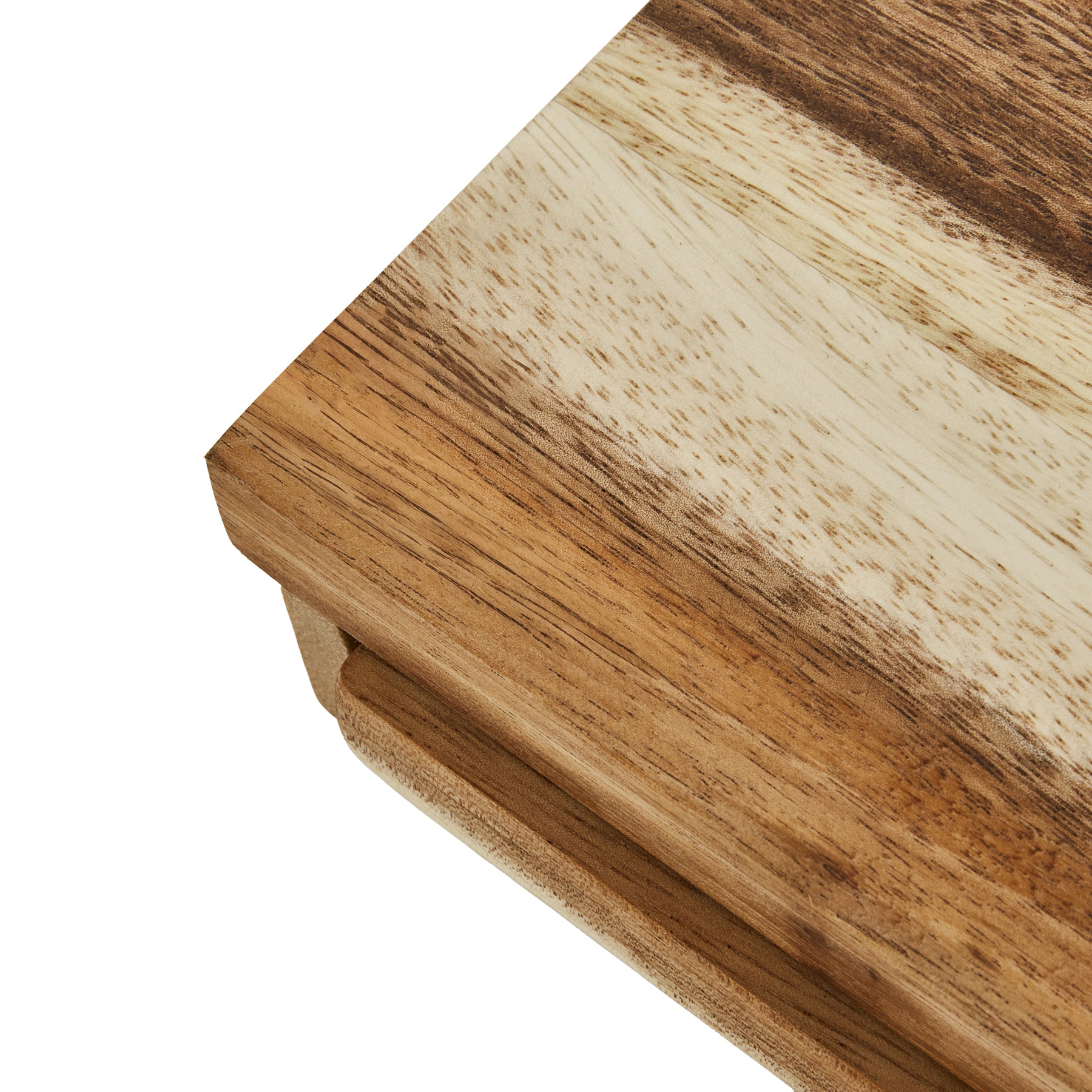 Close-up of a wooden chopping board showing natural grain patterns, highlighting its quality and design.
