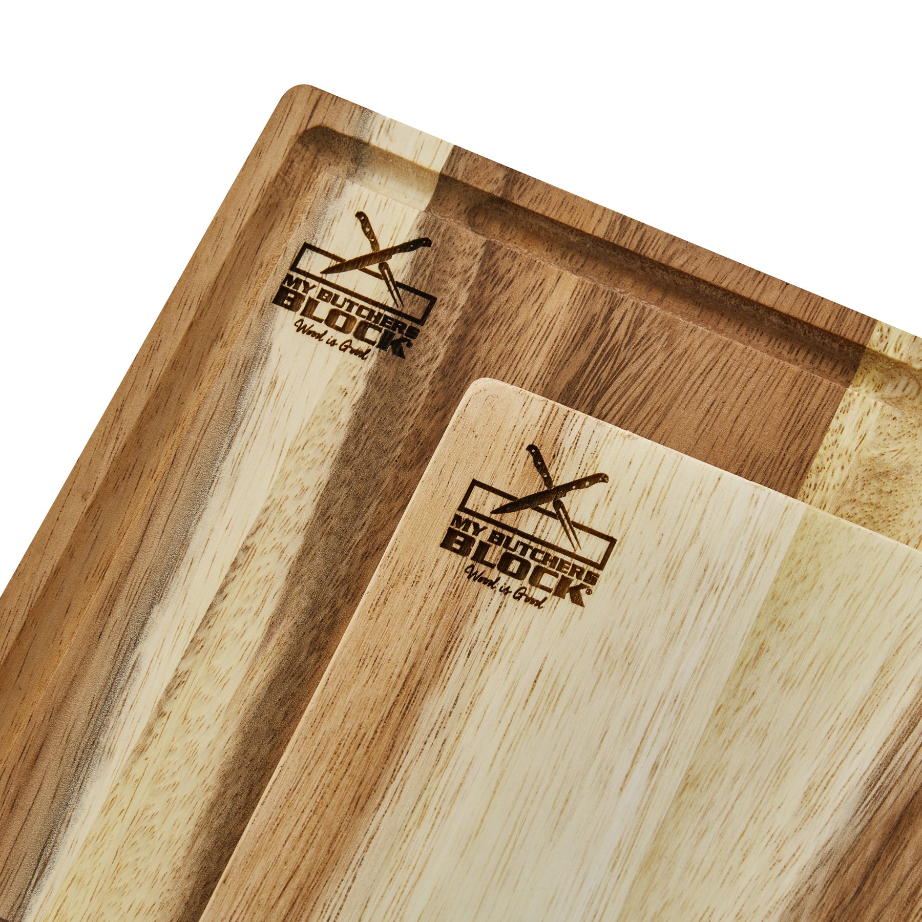 3-in-1 wooden chopping board set showcasing various wood textures and engraved branding for hygienic meal prep.