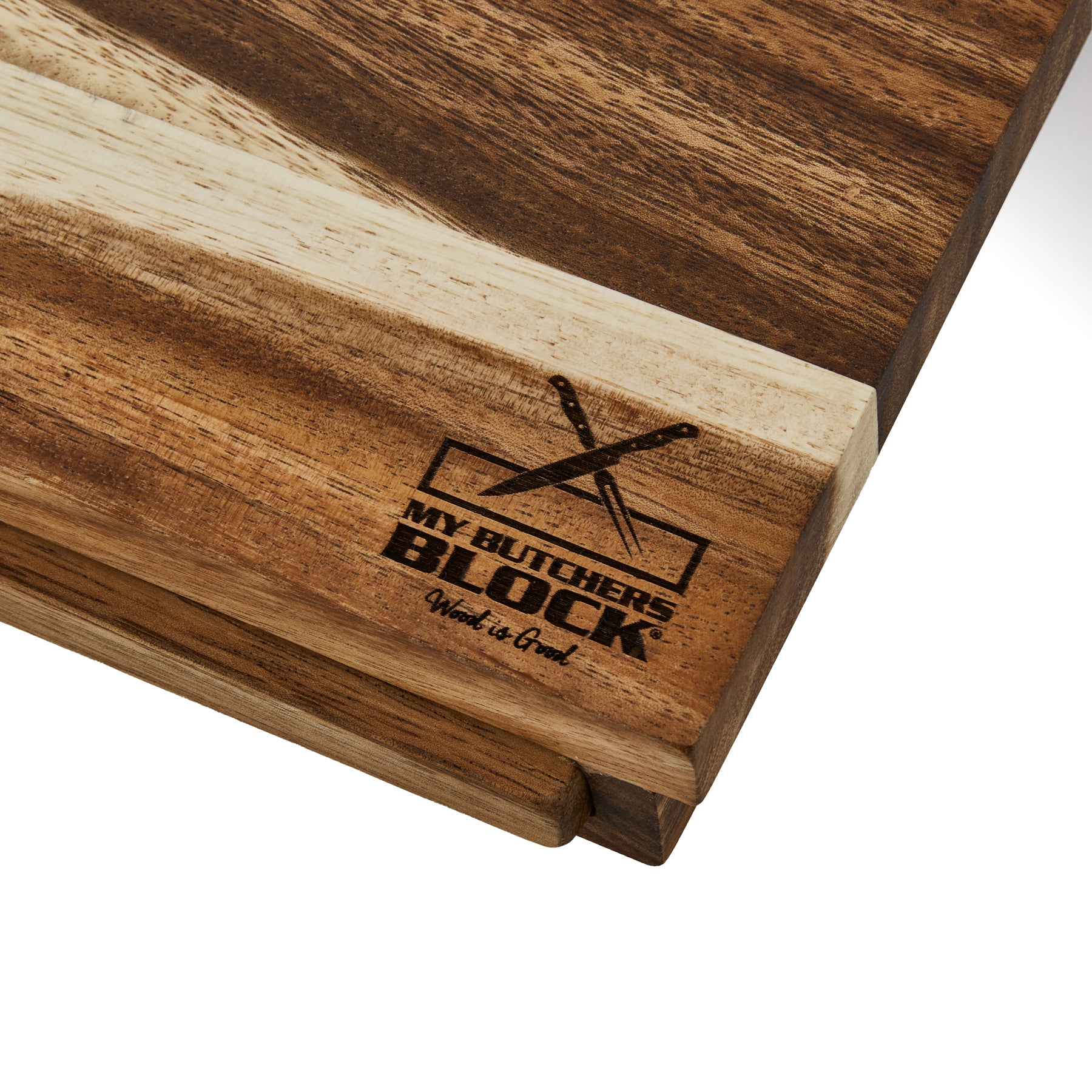 Close-up of a wooden chopping board featuring the My Butchers Block logo, showcasing craftsmanship and durability.