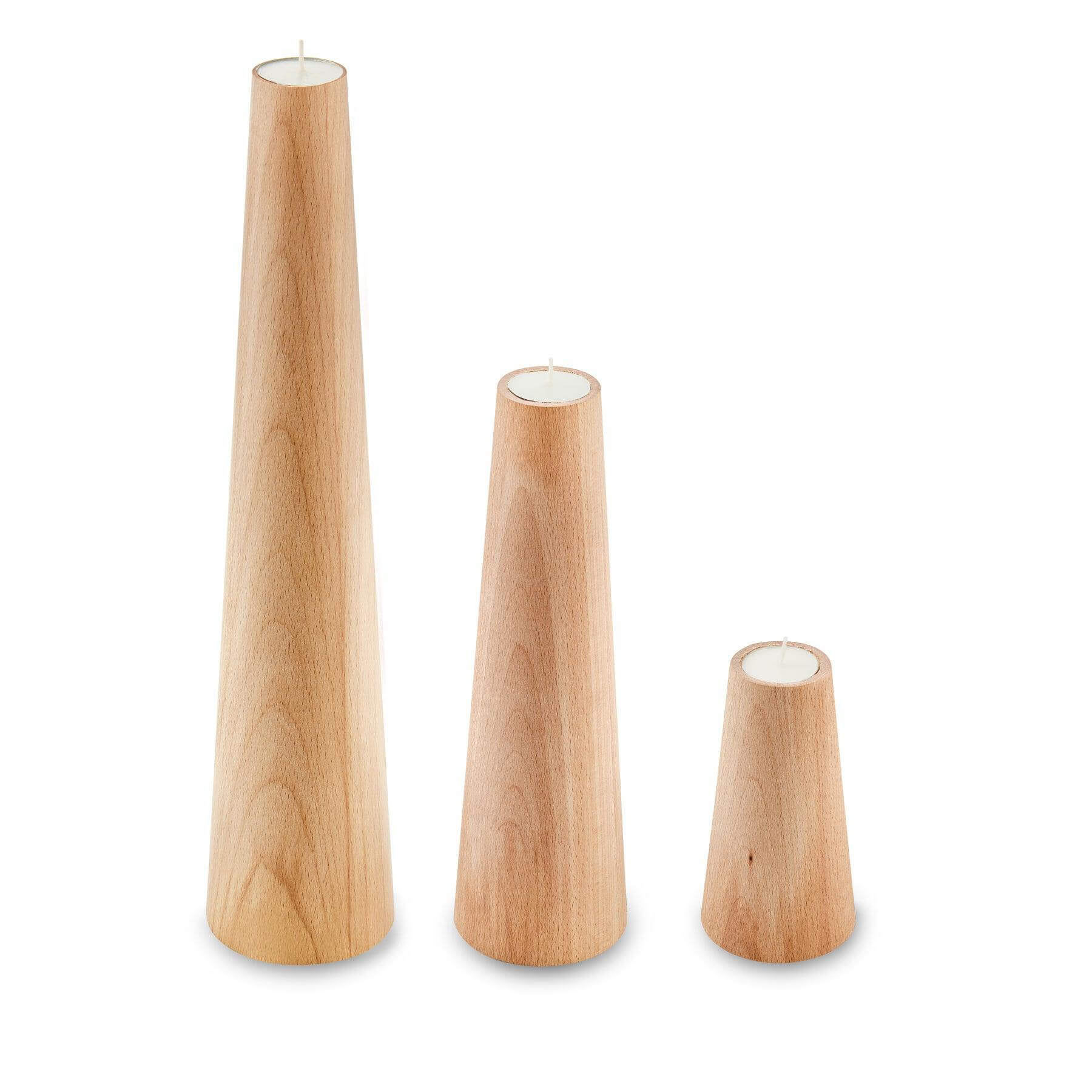 Rustic Beechwood candle holders in three sizes, perfect for minimalist decor and stylish home accents.