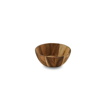 Handcrafted small wooden bowl, 145mm wide, perfect for snacks and sauces, featuring a natural finish and unique wood patterns.