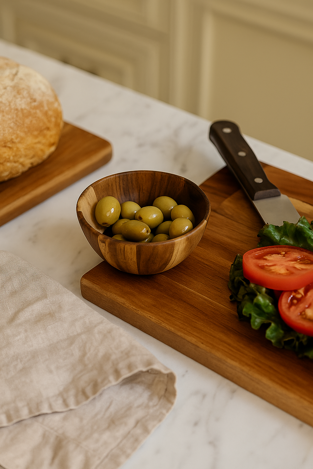 Handcrafted small wooden bowl filled with green olives on a kitchen countertop with fresh vegetables and bread.