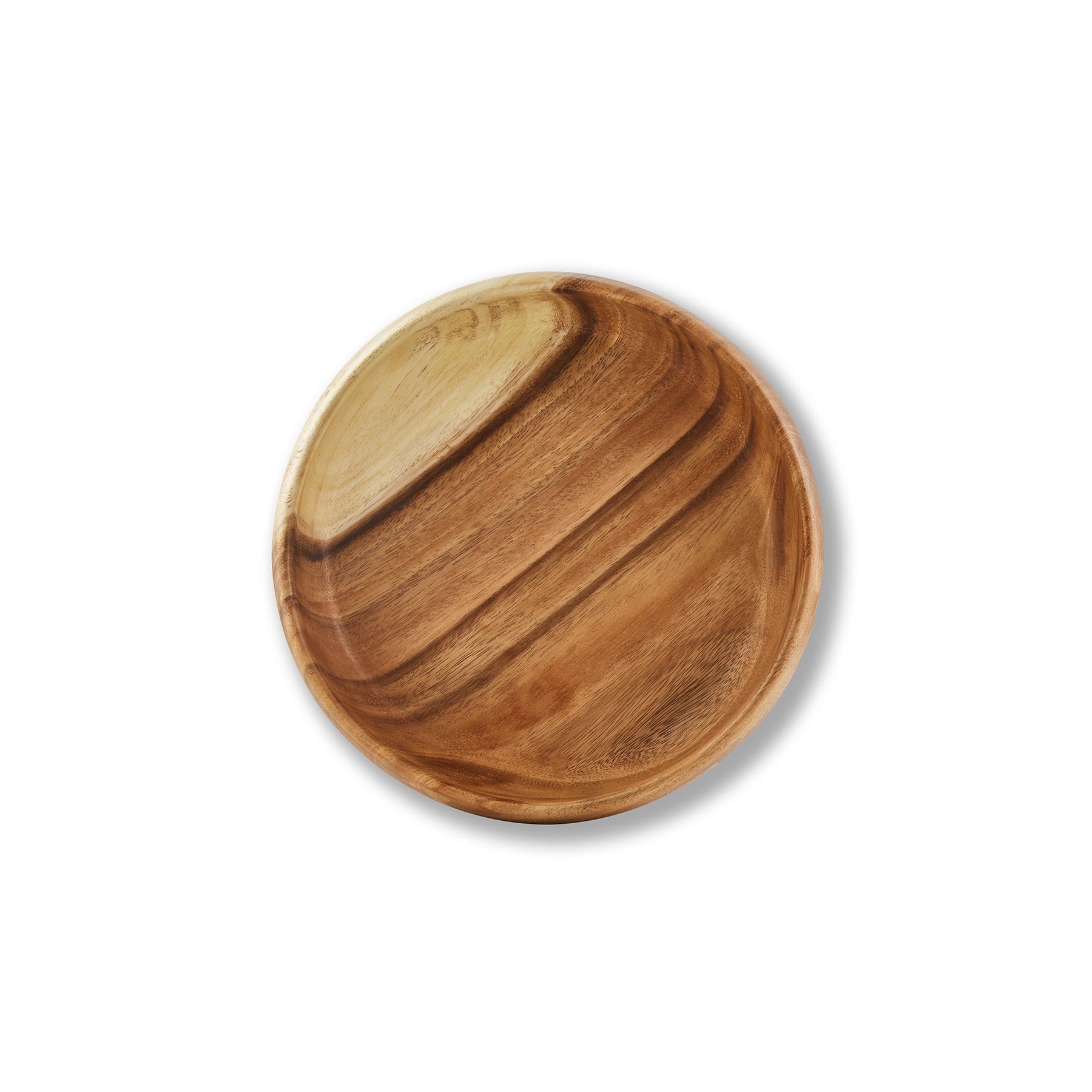Handcrafted round wooden bowl showcasing natural grain, ideal for serving and stylish storage.