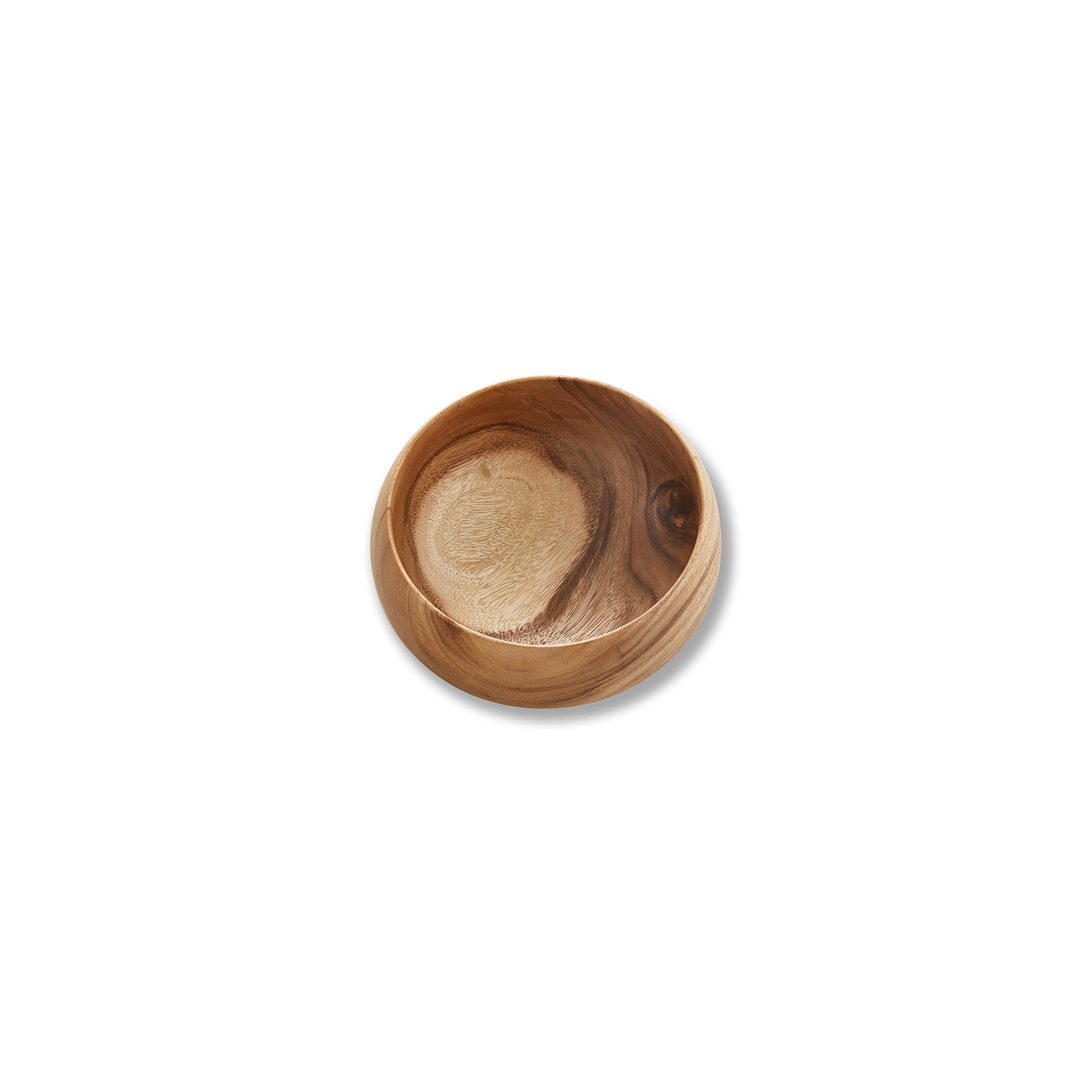 Handcrafted round wooden bowl showcasing unique grain, ideal for serving and stylish storage in small size.