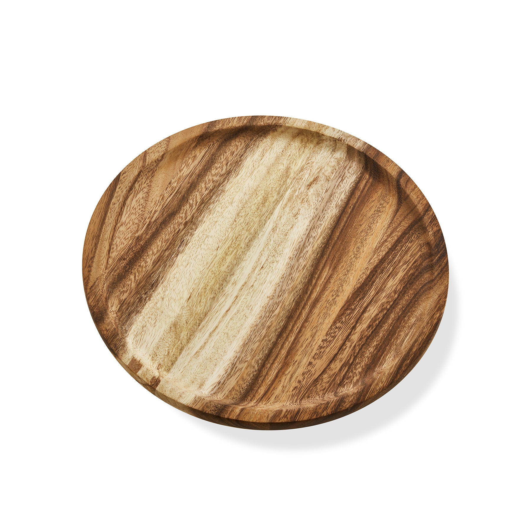 Handcrafted round wooden cake stand showcasing natural wood grain, perfect for serving cakes and desserts.