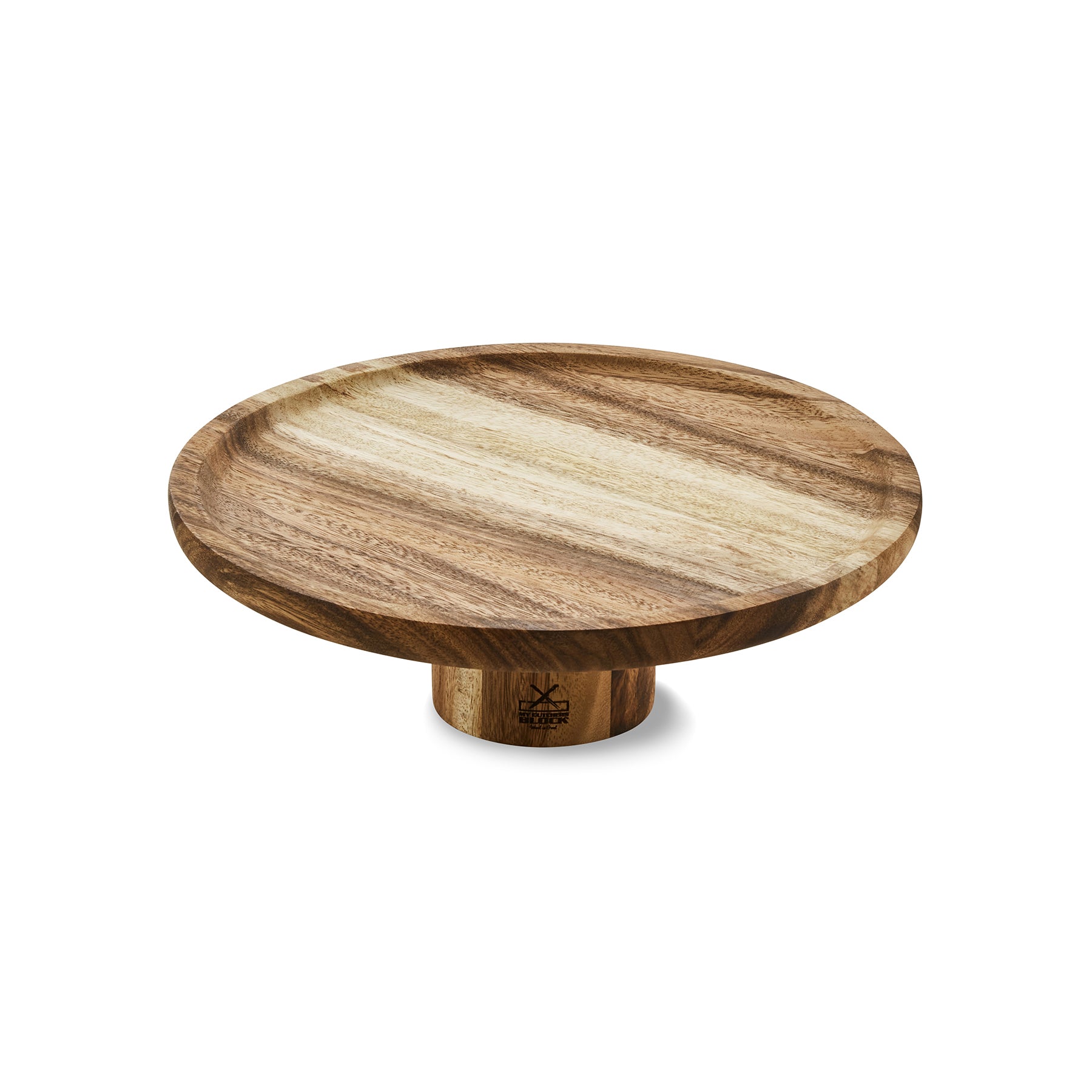 Handcrafted wooden cake stand with a round design, perfect for showcasing desserts and baked goods.