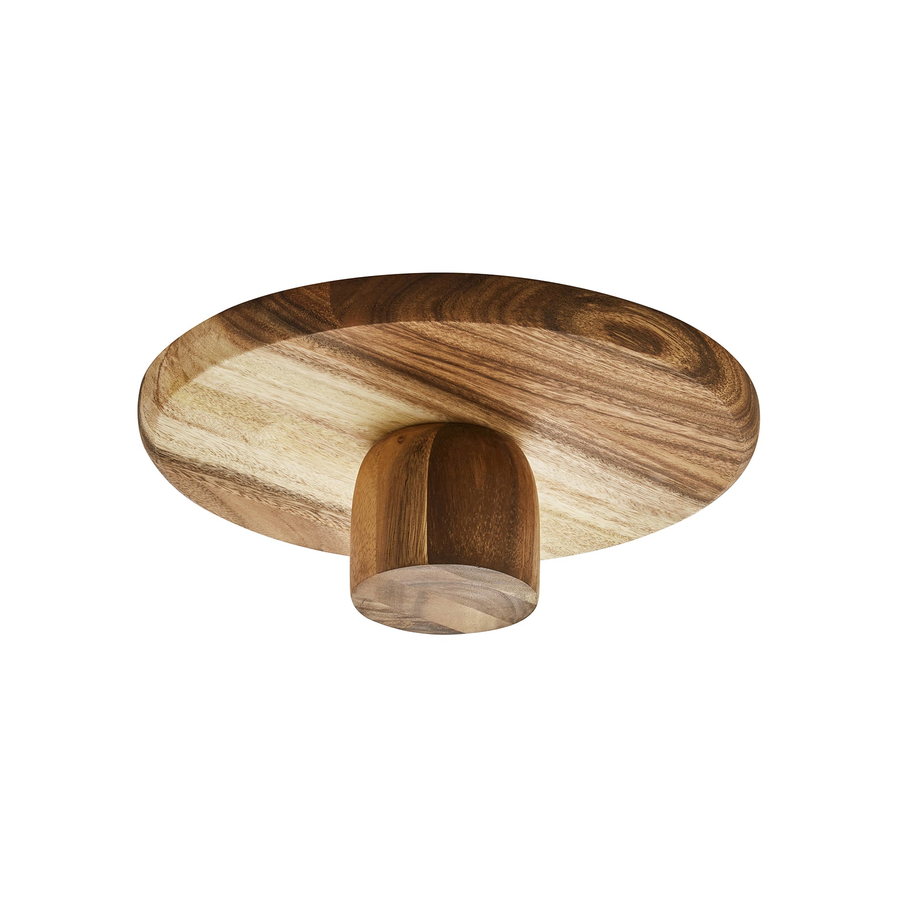 Handcrafted wooden cake stand showcasing natural wood grain, perfect for elegant cake presentation.