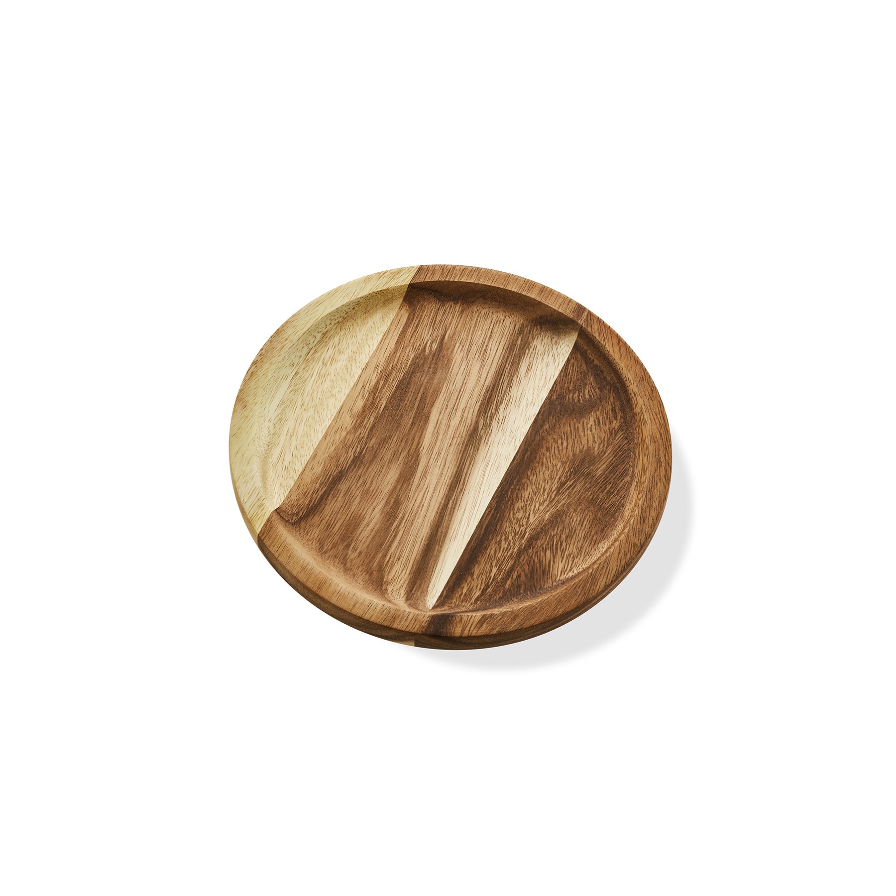 Handcrafted wooden cake stand featuring a stylish round design with contrasting wood finishes.