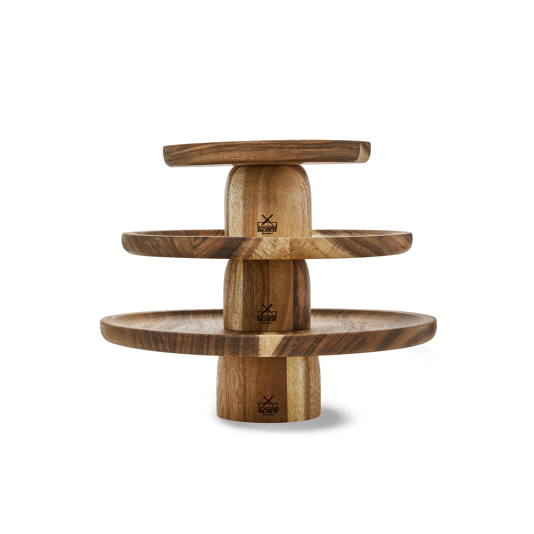 Handcrafted wooden cake stand in three sizes, perfect for showcasing desserts on special occasions.