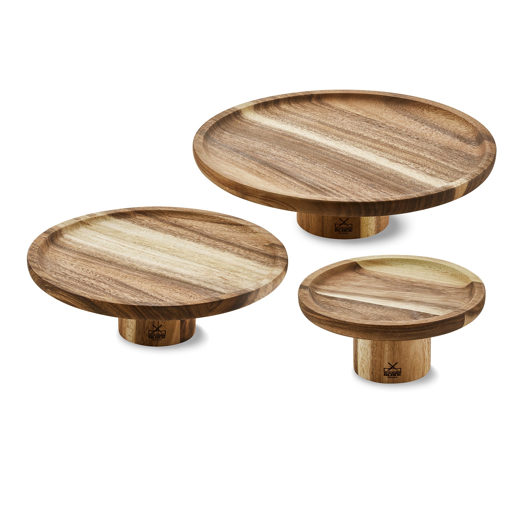 Handcrafted wooden cake stands in three sizes, perfect for showcasing desserts and elegant baking presentations.