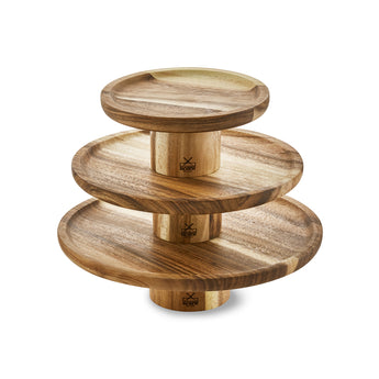 Handcrafted wooden cake stand with three tiers, perfect for showcasing cakes and desserts elegantly.