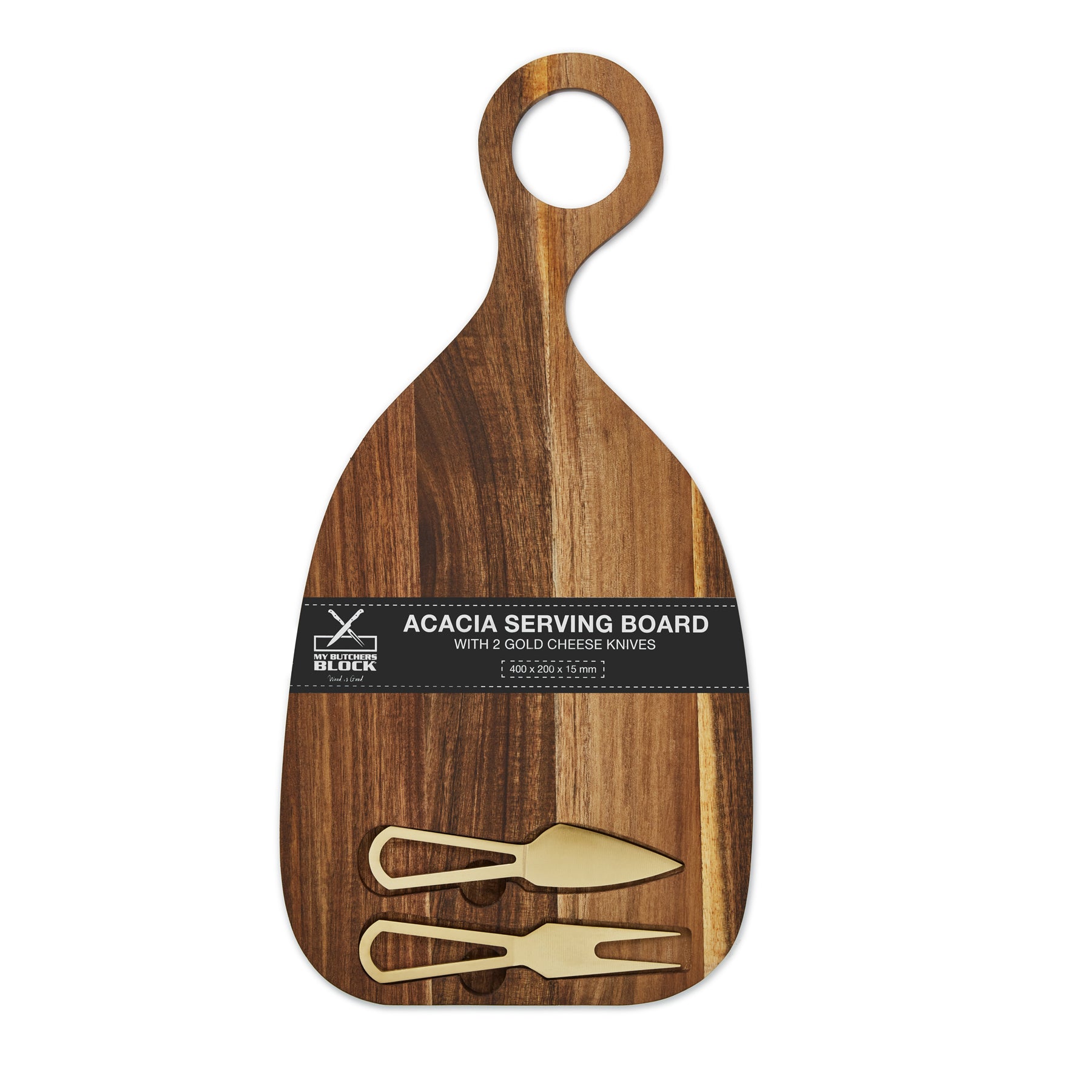 Acacia Serving Board with 2 Gold Cheese Knives