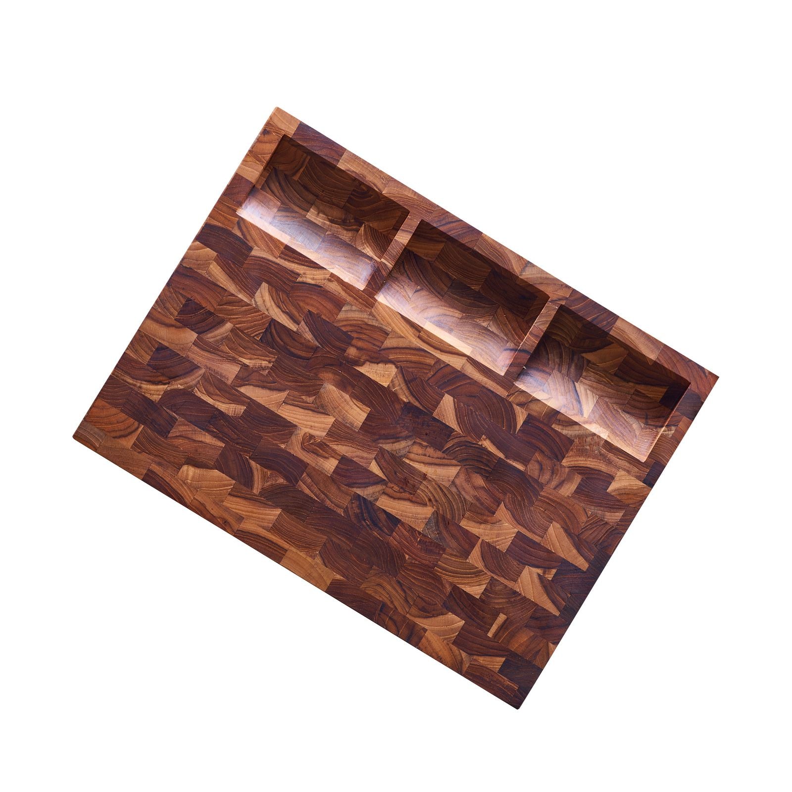 End grain prep board with compartments, featuring a dual-sided design for chopping and serving in style.