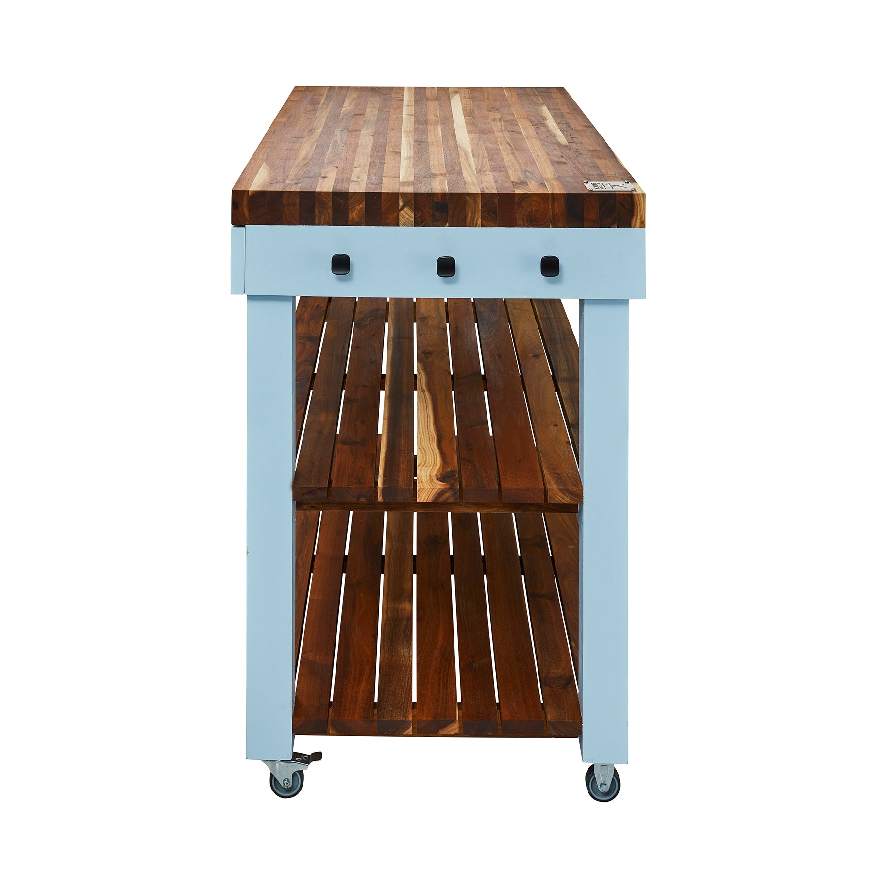Butcher's Bench with solid wood top, compact design, and double drawer option, ideal for food prep.