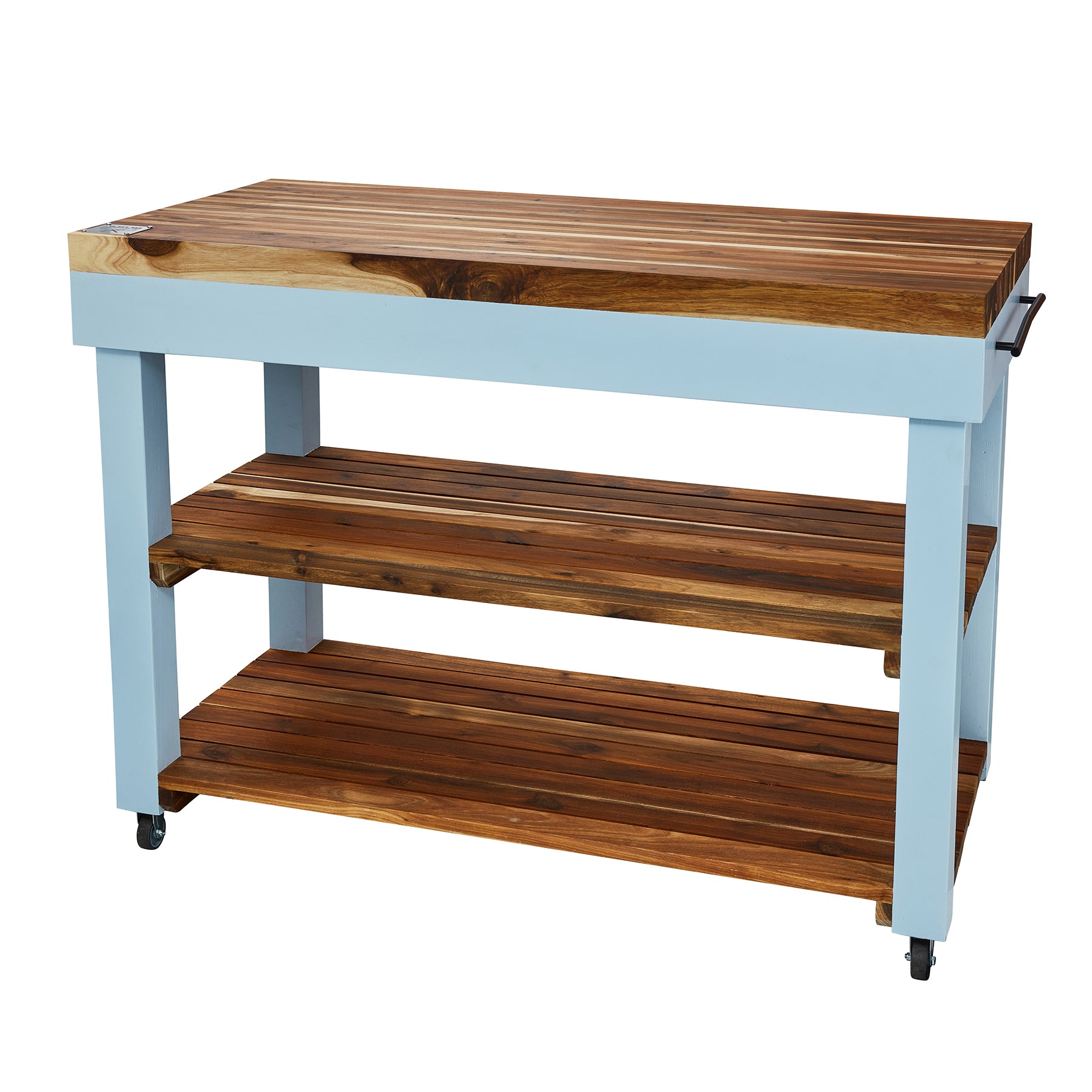 Butcher's Bench with solid wood top and blue powder-coated steel frame, featuring two lower wooden shelves.