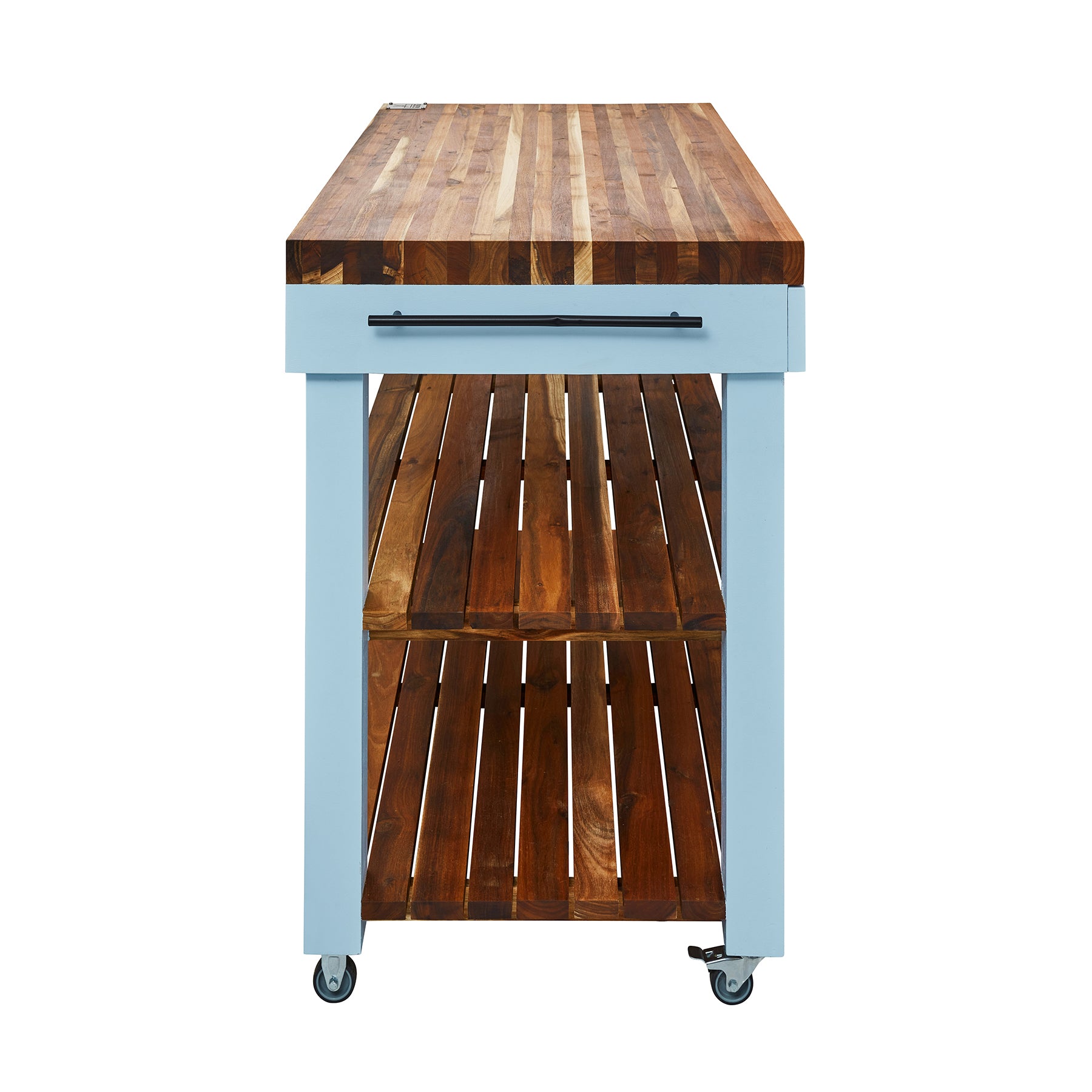 Butcher's Bench with solid wood top, compact design, and open shelves for storage, ideal for food prep and serving.