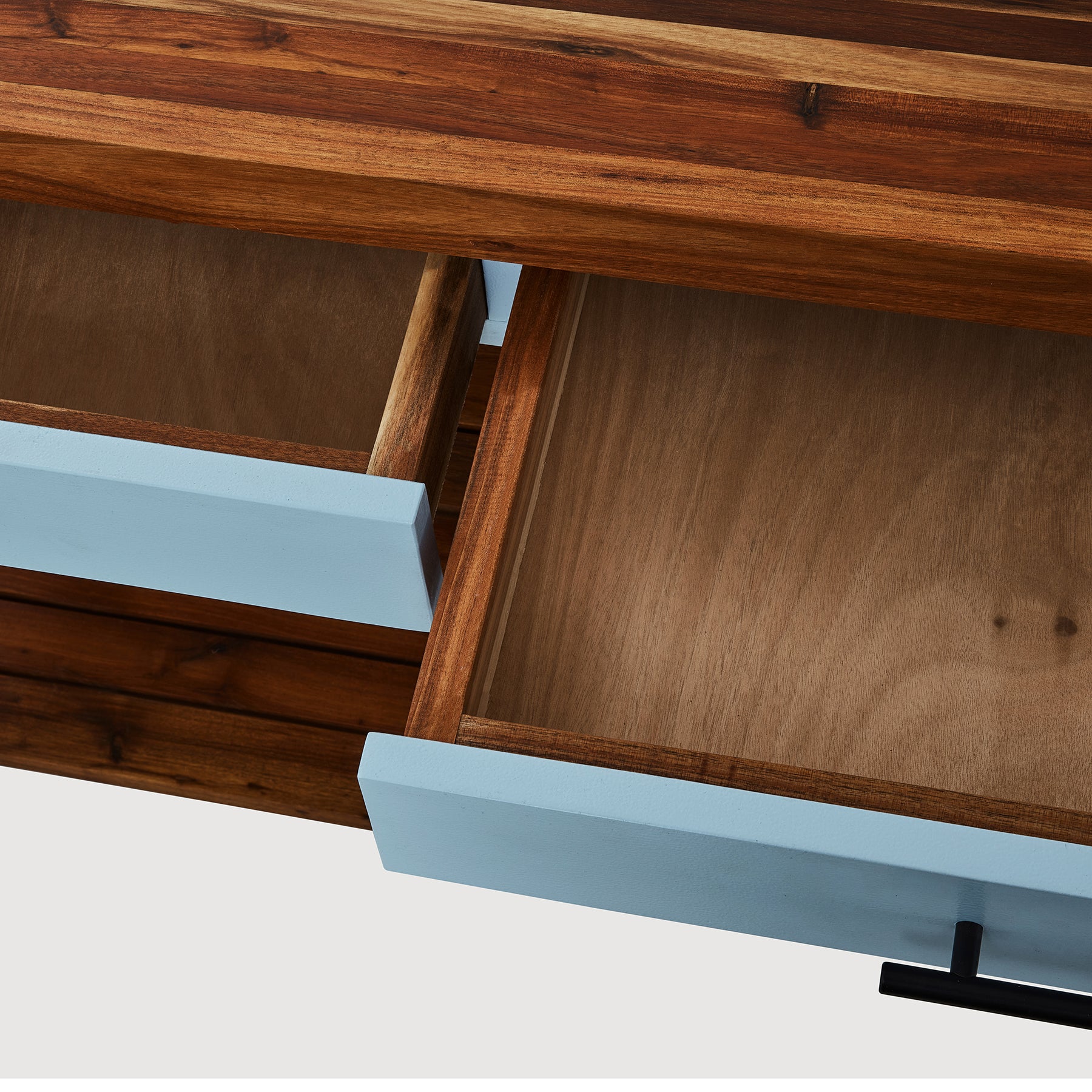Butcher's Bench close-up showing double drawer options with natural wood and blue accents.