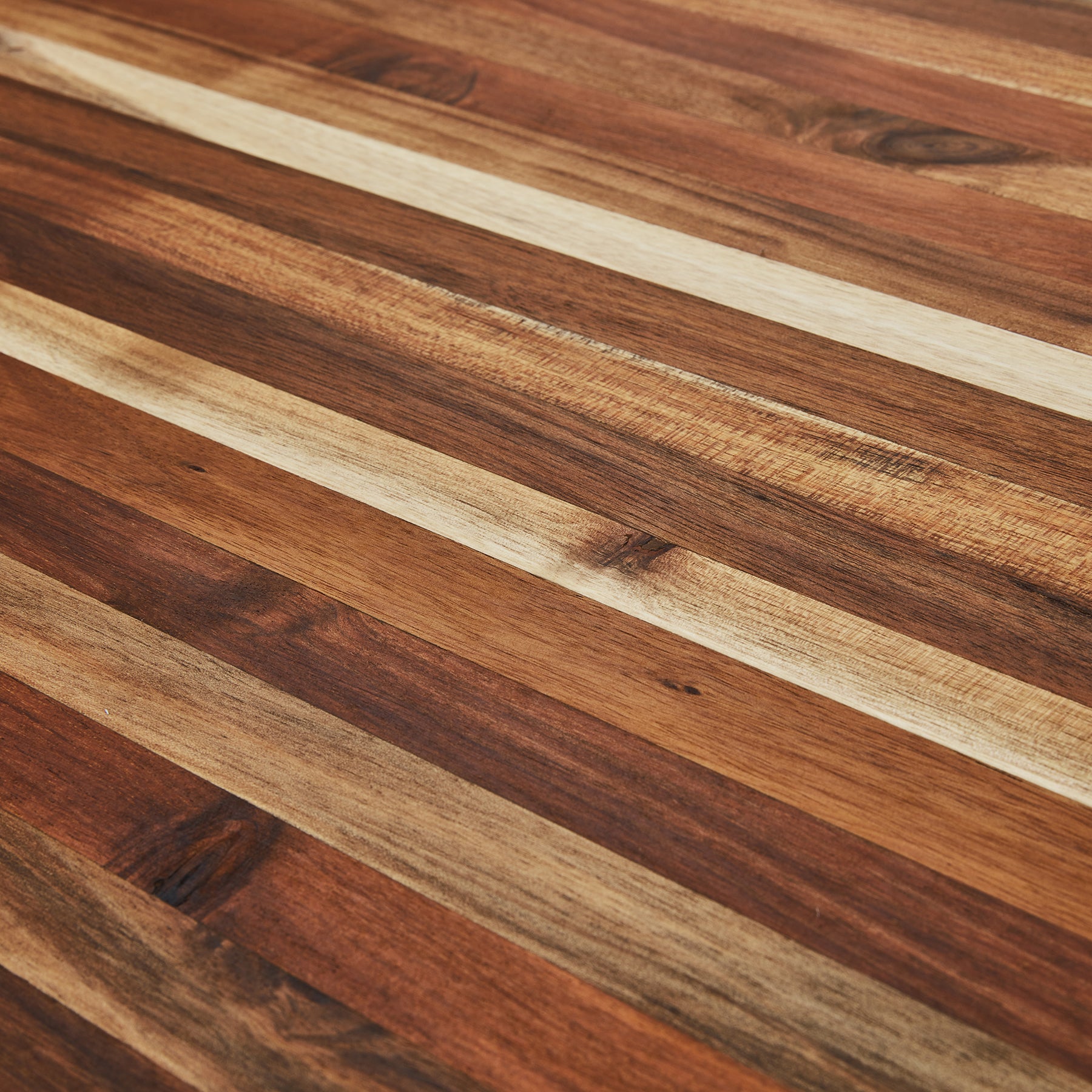 Close-up of a butcher's bench surface showcasing a rich, striped wood grain pattern.