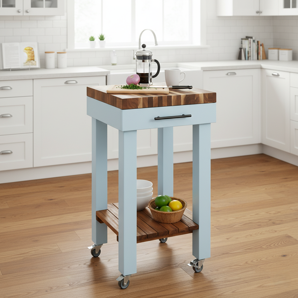 Kitchen island cart with wooden top and blue base in a kitchen setting