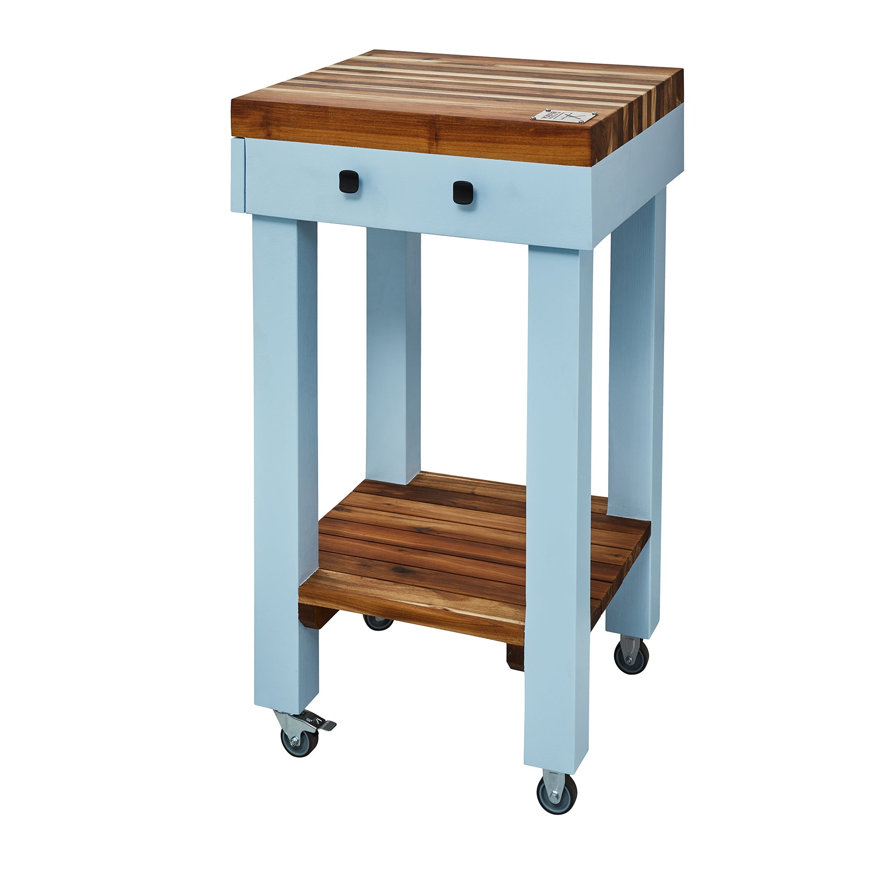 Compact butcher's bench with solid wood top, powder-coated steel frame, and wheels for easy mobility.