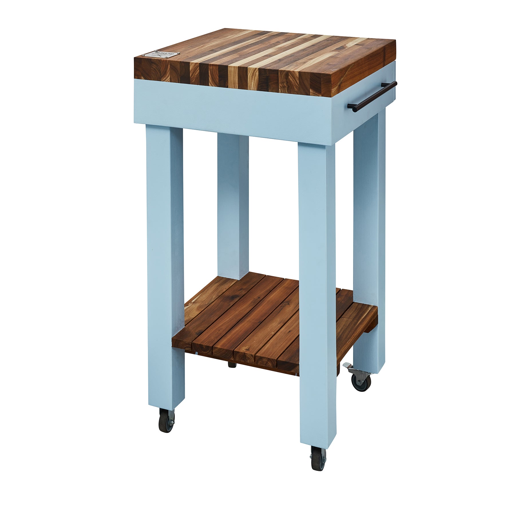Compact butcher's bench with solid wood top and powder-coated steel frame, ideal for food prep and versatility.