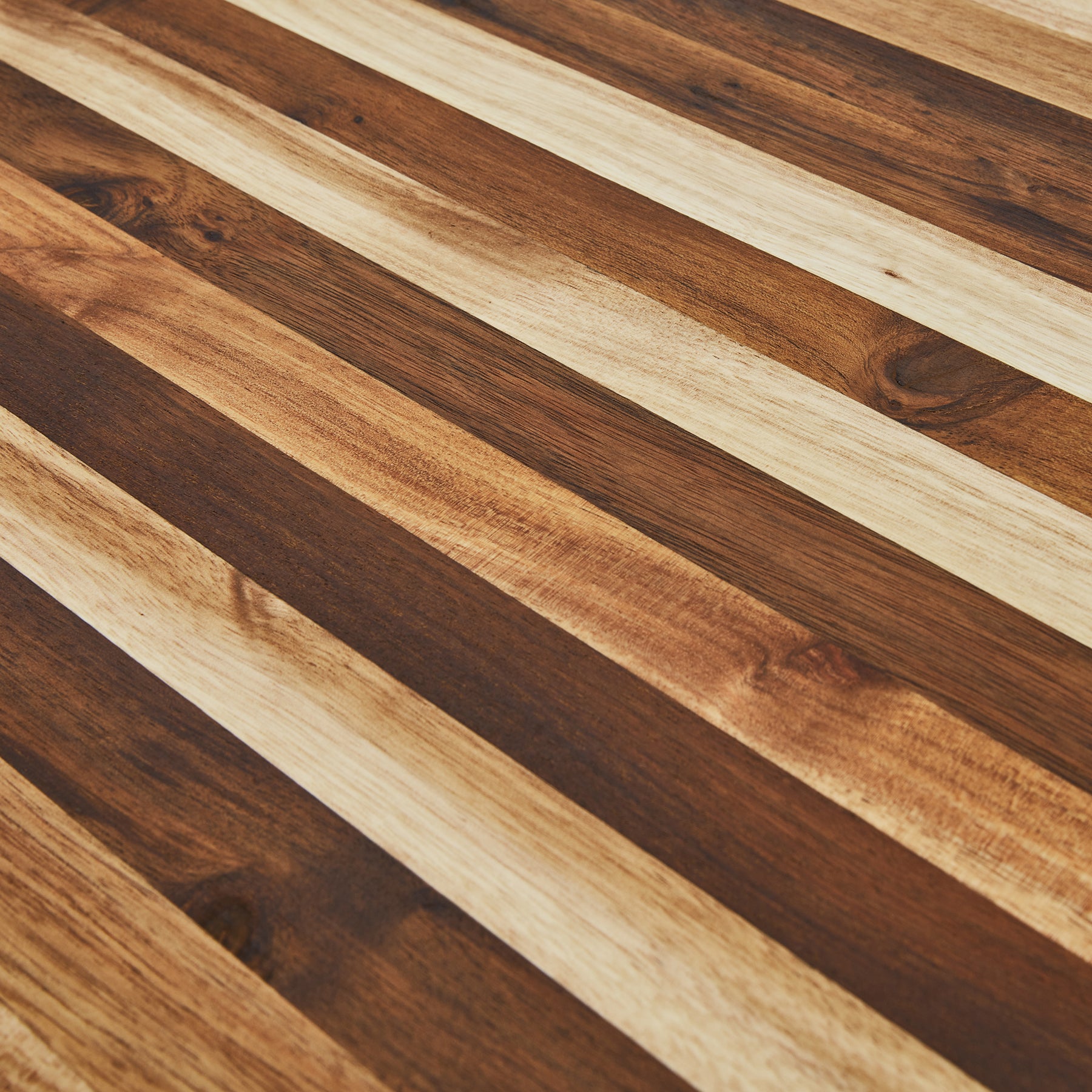 Close-up of a Butcher's Bench solid wood top showcasing a rich, striped pattern of light and dark wood tones.